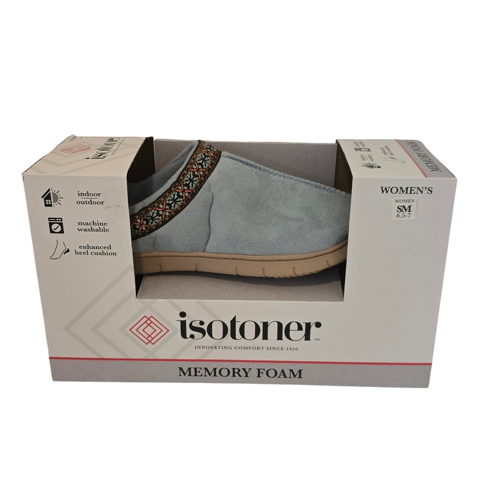 Isotoner Womens Memory Foam Slippers Blue Fog Embroidered Trim Clog 6.5/7 S